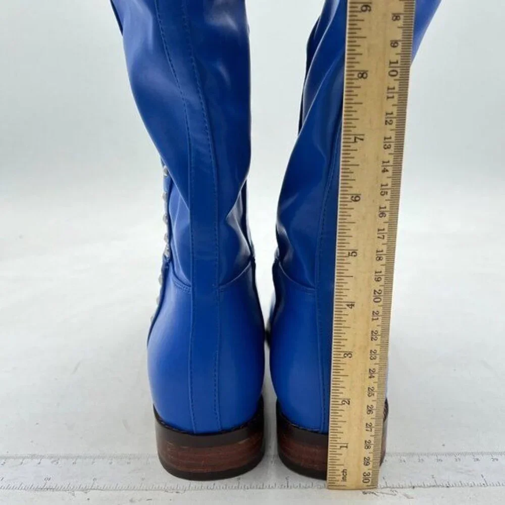 Blue Women Knee High Winter Riding Boots Pull On Round Toe Low Heel Studded Zip